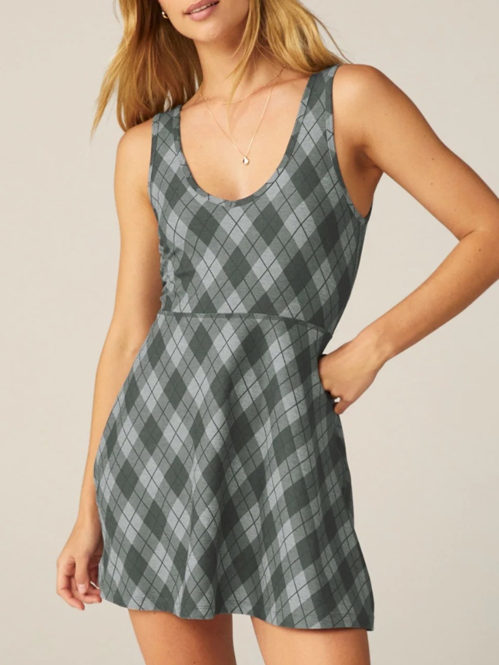 BEYOND YOGA Softmark Movement Dress Grey Argyle Plaid Size XS